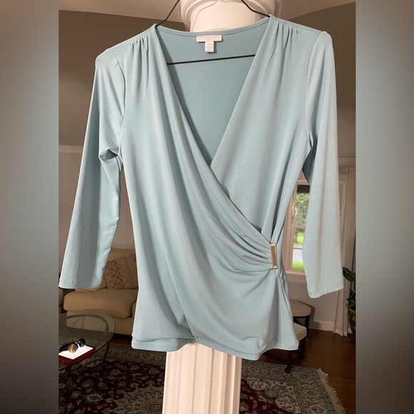 Charters Club women’s Turquoise top size P medium Long sleeve deep V- neck - Picture 1 of 6